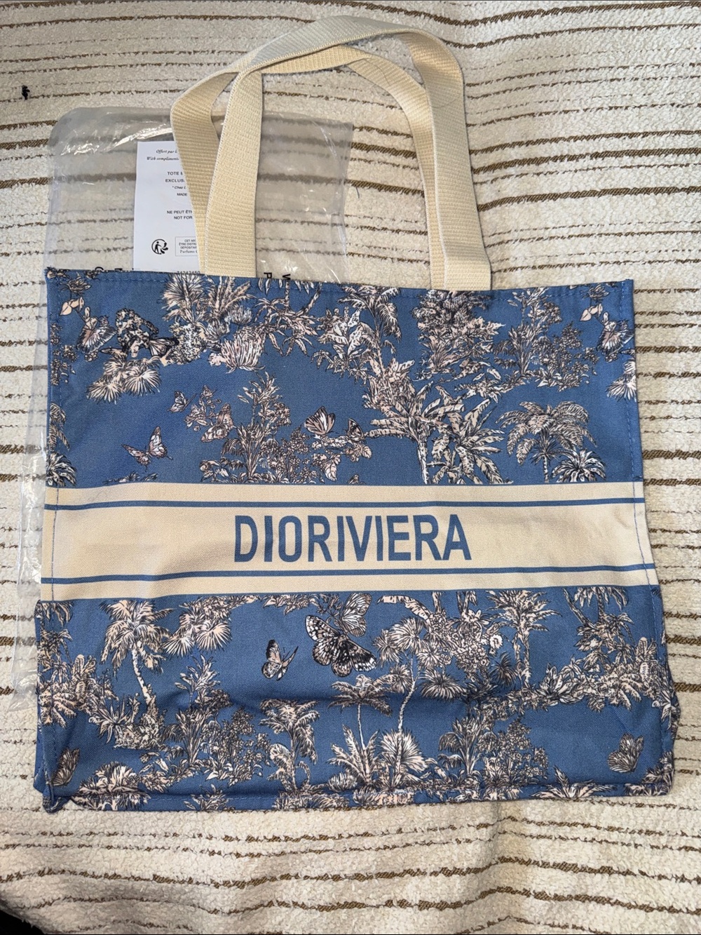Dior Blue Canvas 'DIORIVIERA' Tote with Cream Stripe